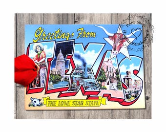 Greetings From Texas Large Letter Souvenir Postcard Gift or Scrapbook Tags or Magnet #G 3