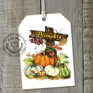 May include: A white tag with a watercolor illustration of pumpkins and fall foliage. The word "Pumpkin" is written in gold on a wooden sign. The tag is hanging by a string.