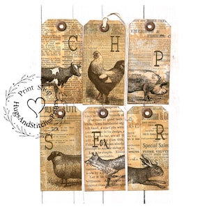 Primitive Grungy Farmhouse Style Farm Animal Gift or Scrapbook Tags #T 27