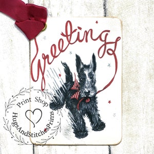 Retro Black Scottie Dog Christmas Greetings Gift or Scrapbook Tags or Magnet #116