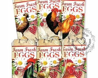 May include: Six rectangular paper tags featuring the text Farm Fresh EGGS in red lettering. Each tag displays a different rooster illustration, white daisy flowers, a red and white checkered ribbon, and a red heart with white polka dots.