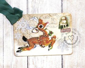 Reindeer Christmas Postcard Gift or Scrapbook Tags or Magnet #554