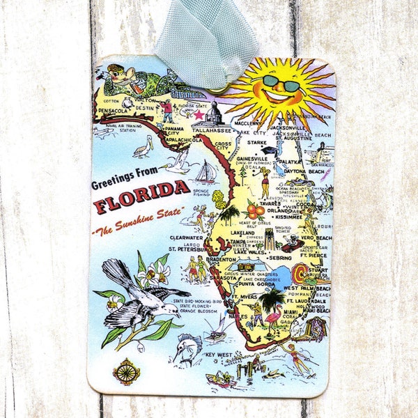 Greetings From Florida Map Large Letter Souvenir Postcard Gift or Scrapbook Tags or Magnet #G 23