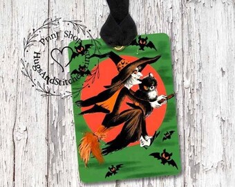 Retro Witch & Black Cat Flying on a Broom Halloween Gift or Scrapbook Tags or Magnet #14