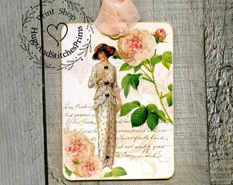 Vintage Style Lady Fashion Dress Rose Gift or Scrapbook Tags or Magnet #600