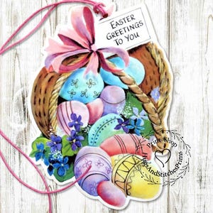 Retro Basket Filled With Colored Easter Eggs Easter Greetings To You Gift Tags #152