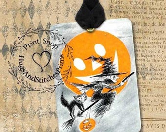 Retro Witch & Black Cat Flying On Broom Halloween Gift or Scrapbook Tags or Magnet #484
