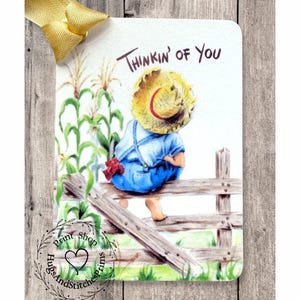Thinking Of You Farmer In Cornfield Sitting On Fence Gift or Scrapbook Tags or Magnet #313