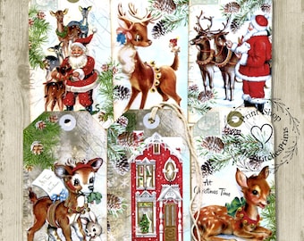 Retro Style Santa Claus Reindeer Mixed Christmas Gift or Scrapbook Tags #T 172