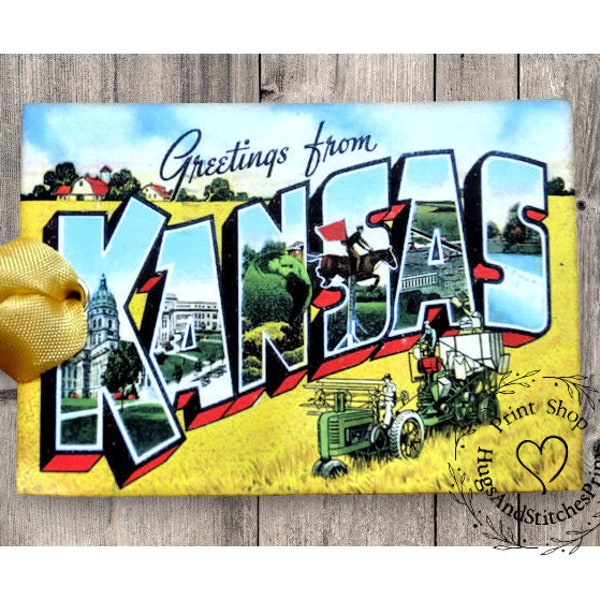 Greetings From Kansas Large Letter Souvenir Postcard Gift or Scrapbook Tags or Magnet #G 26