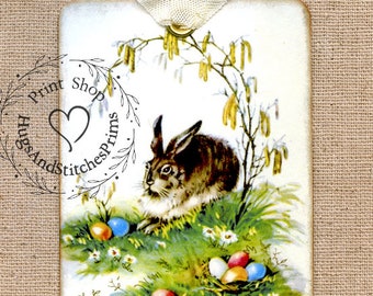 Vintage Style Bunny Rabbit Easter Egg Gift or Scrapbook Tags or Magnet #79