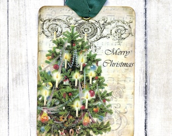 Vintage Style Candle Lit Tree Merry Christmas Gift or Scrapbook Tags or Magnet #425