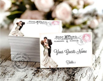 Wedding Place Cards Vintage Bride & Groom Postcard Flat Table Place Cards Seating Cards or Tags #188 Pink
