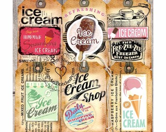 Primitive Retro Ice Cream Shop Cones Chocolate Bars Mixed Gift or Scrapbook Tags  #T 62