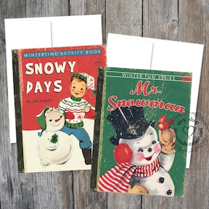 Set of 2 Retro Snowman Little Book Covers Christmas Gift Note or Greeting Cards #C11