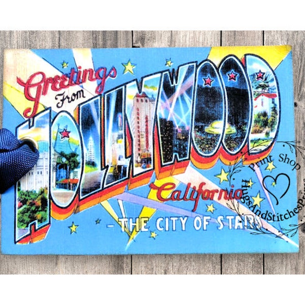 Greetings From Hollywood California Large Letter Souvenir Postcard Gift or Scrapbook Tags or Magnet #G 24