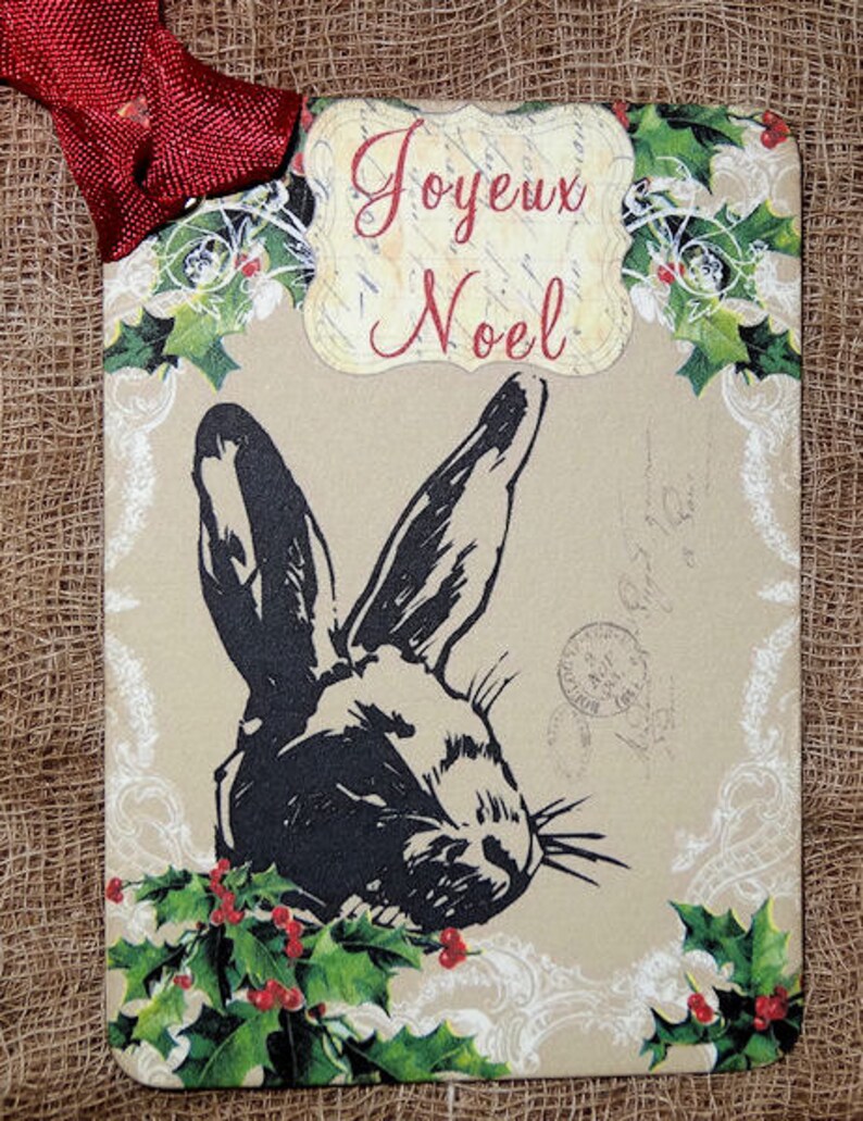 French Noel Bunny Rabbit Christmas Gift or Scrapbook Tags or Magnet #547