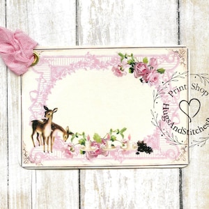 Retro Pink Deer Floral Christmas Gift or Scrapbook Tags or Magnet #550