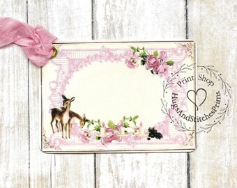 Retro Pink Deer Floral Christmas Gift or Scrapbook Tags or Magnet #550