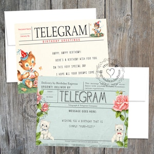 Set of 2 Retro Kitty Cat Birthday Telegram Message Gift Note Greeting Cards #C23