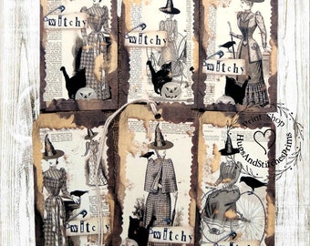 Mixed Halloween Witch Black Cat Pumpkin Gift or Scrapbook Tags #T 23