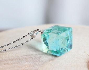 Blue green andara pendant, square cut, freehand cut, SV925, high vibration, energy activated, Your Crystal Partner