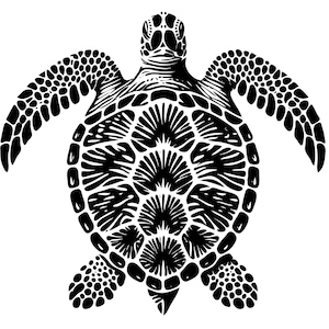 May include: Black and white silhouette of a sea turtle with a detailed shell pattern.