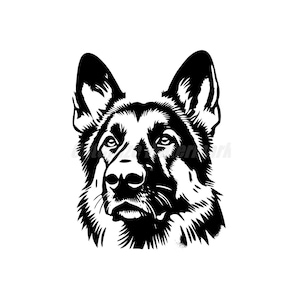 May include: Black and white illustration of a German Shepherd dog's head. The dog is looking up and to the right.
