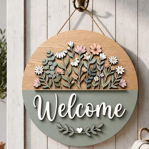 Minimalist Botanical Welcome Sign, Round Wooden Door Hanger, Daisy Front Door Decor, Modern Farmhouse Porch Sign