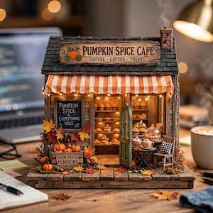 Könnte beinhalten: Ein Miniatur-Modell eines Pumpkin Spice Cafés mit dunkel geschindeltem Dach, orange-weiß gestreifter Markise und einem Holzschild mit der Aufschrift Pumpkin Spice Cafe Coffee Lattes Treats. Der Laden verfügt über Innenregale mit Gebäck, eine Kreidetafel und eine Kiste mit Kürbissen.