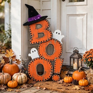 May include: A vertical wooden sign spelling BOO in distressed orange letters with black polka dot borders. A black witch hat with a purple band sits on the letter B, and two white ghost cutouts are attached to the letters O and O.