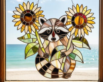 Raccoon ACRYLIC Suncatcher Hanging, Raccoon Sunflower Ornament, Raccoon Fall Decoration, Christmas Gifts for Mom, Cute Raccoon Decor