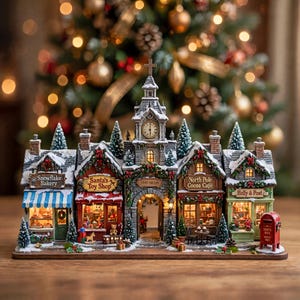 以下が含まれることがあります： 中央の時計塔と4つの店舗（Snowflake Bakery、Santa's Toy Shop、North Pole Cocoa Café、Holly & Post）を備えたミニチュアのクリスマスビレッジ。建物は雪、リース、温かみのある室内照明で装飾されています。