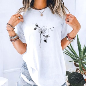 Comfort Colors Cute Dandelion Hummingbird T-Shirt, Cute Shirt, Nature Lovers Tee, Cute Women Gift, Gift for him, Gift for her