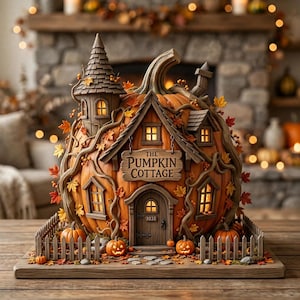 Könnte beinhalten: Eine dekorative Skulptur in Form eines Kürbis-Häuschens mit einer Holztür, der Nummer 1031, einem Schild mit der Aufschrift THE PUMPKIN COTTAGE, beleuchteten Fenstern, einem Turm und einem Lattenzaun, verziert mit orangefarbenen Herbstblättern.