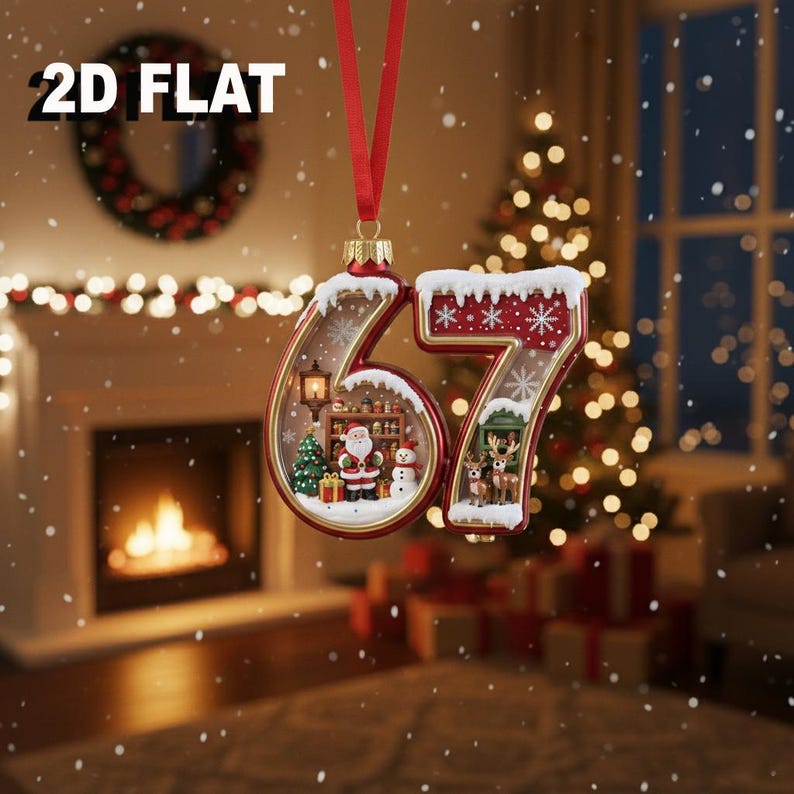 May include: A Christmas ornament in the shape of the number 67, with a red border and a festive interior scene. The ornament features Santa Claus, a Christmas tree, and reindeer. The text "2D FLAT" is at the top.