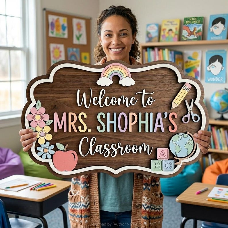 Personalized Teacher Name Sign, 3D Wood Classroom Door Hanger, Custom ...