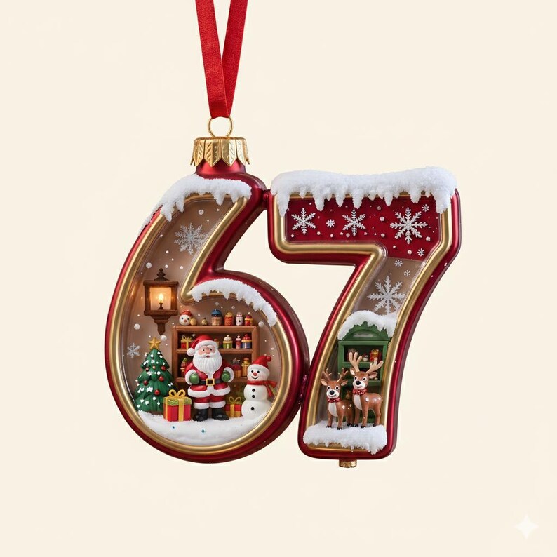 May include: A red and gold Christmas ornament shaped like the number 67. Inside the 6 is a miniature Santa's workshop scene with a Christmas tree, Santa, and a snowman. The 7 features reindeer. Snow and snowflakes decorate the ornament.
