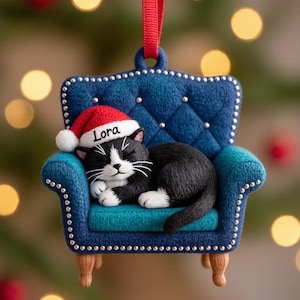 Personalized Sleeping Cat Christmas Ornament, Tuxedo Cat on Mini Armchair, Custom Name Santa Hat Decoration