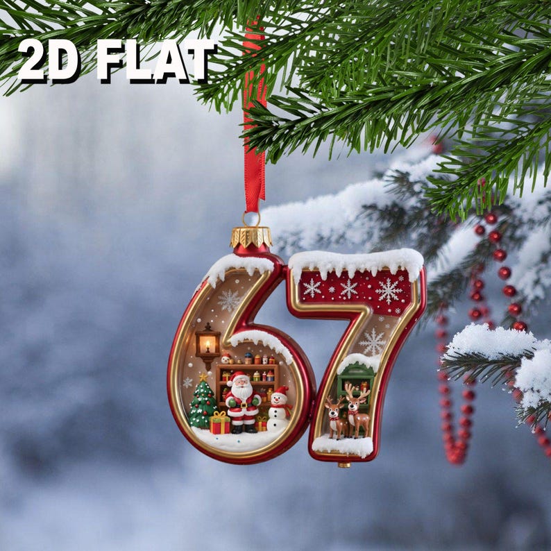 May include: A red and gold Christmas ornament shaped like the number 67, with a festive scene inside each number. The number 6 features Santa Claus, a Christmas tree, and a snowman. The number 7 has reindeer. The ornament hangs from a red ribbon.