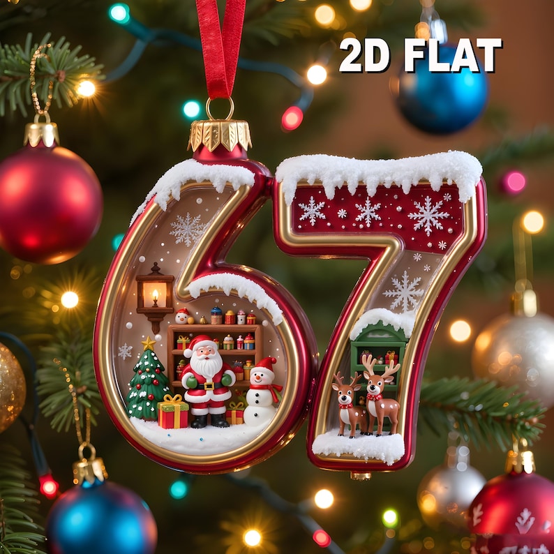 May include: A festive Christmas ornament shaped like the numbers "67", with a red and gold trim. The "6" features Santa Claus, a snowman, and a Christmas tree. The "7" has reindeer. The ornament is hanging from a red ribbon, with the text "2D FLAT" visible.