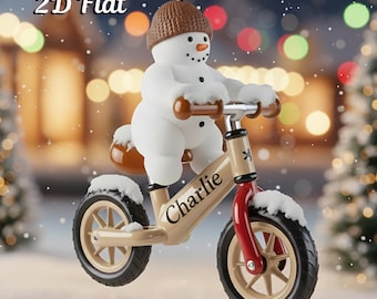 Personalized Kids Balance Bike Ornament with Snowman, Custom Name 2D Acrylic Christmas Decoration, Toddler Gift