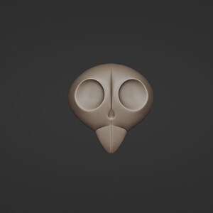 May include: A light brown, stylized bird skull with large, round eye sockets and a pointed beak. The skull is smooth and symmetrical, set against a dark gray background. The design is simple and minimalist.