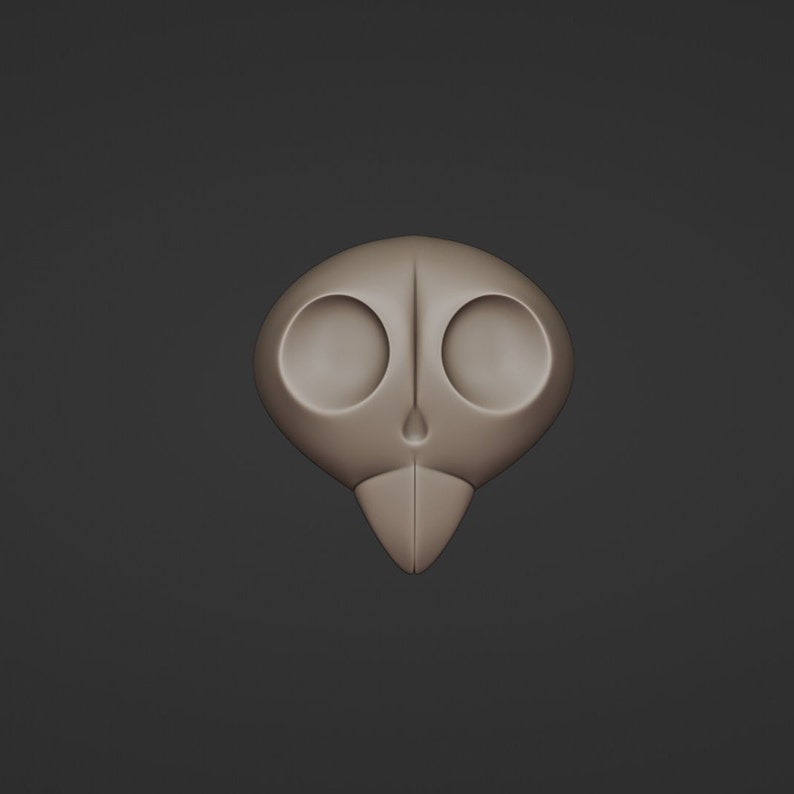 May include: A light brown, stylized bird skull with large, round eye sockets and a pointed beak. The skull is smooth and symmetrical, set against a dark gray background. The design is simple and minimalist.