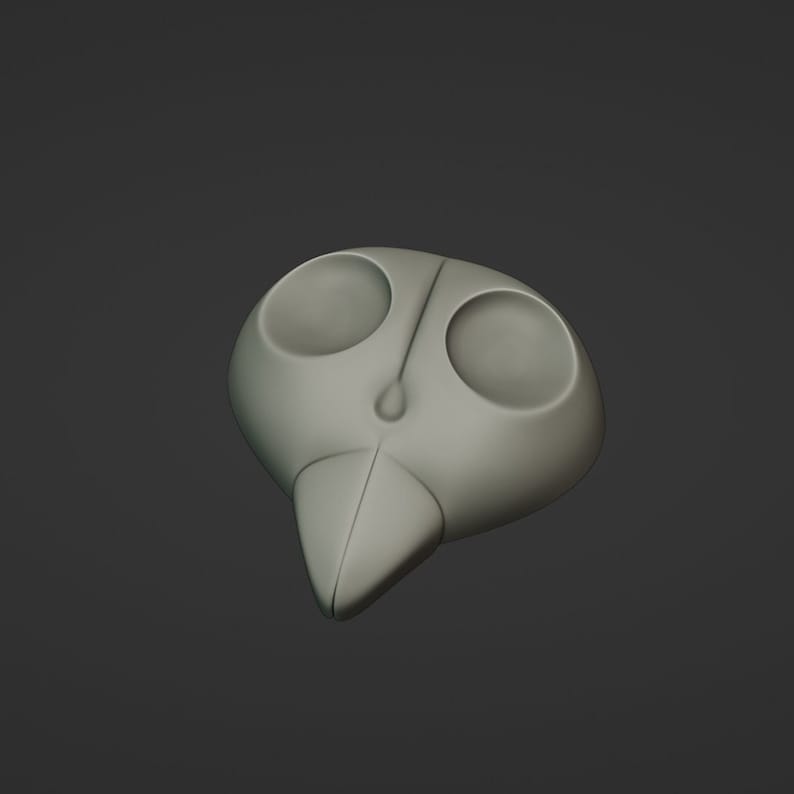 May include: A light gray, avian-shaped sculpture with large, circular eye sockets and a pointed beak. The sculpture has a smooth, matte finish and is set against a dark gray background. The design is simple and abstract.