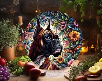 Boxer Dog Tempered Glass Cutting Board: Stained Glass Floral Charcuterie