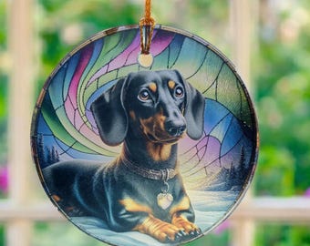 Dachshund Northern Lights GLASS Ornament Suncatcher 3 inches | Faux Stained Glass, Car Rearview Mirror Decor | Garden | Dog Lover Doxie