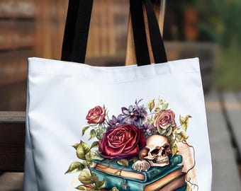 Gothic Book Lover Tote Bag: Skull & Roses, Double Sided