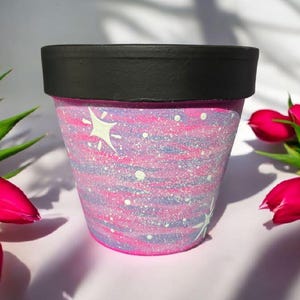 Pink & Gray COSMIC Stars HAND PAINTED 6 inch Terracotta Pot Planter Succulent Flower Pot, Garden Plant Lover, Galaxy Mothers Day terra cotta