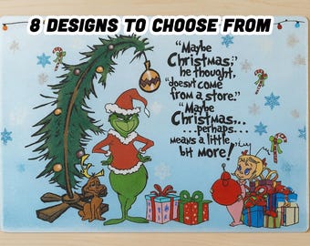 Grinch Christmas Tempered Glass Cutting Board, Charcuterie Board